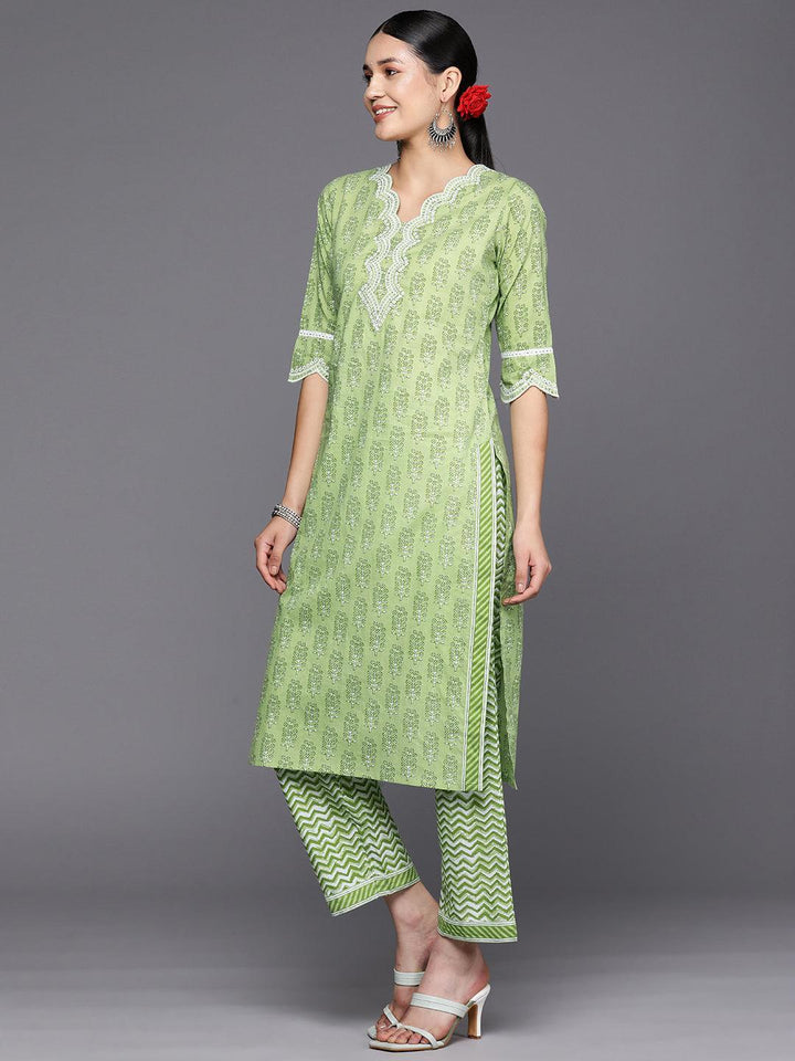 Green Embroidered Cotton Straight Suit Set With Trousers