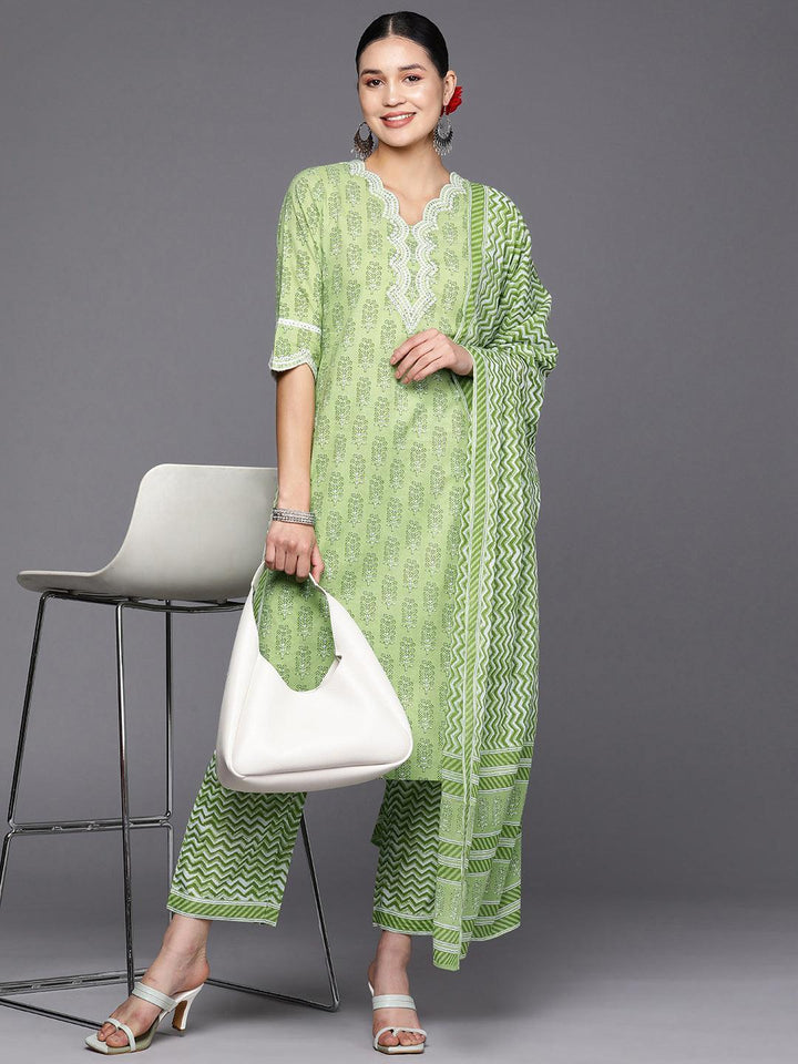 Green Embroidered Cotton Straight Suit Set With Trousers
