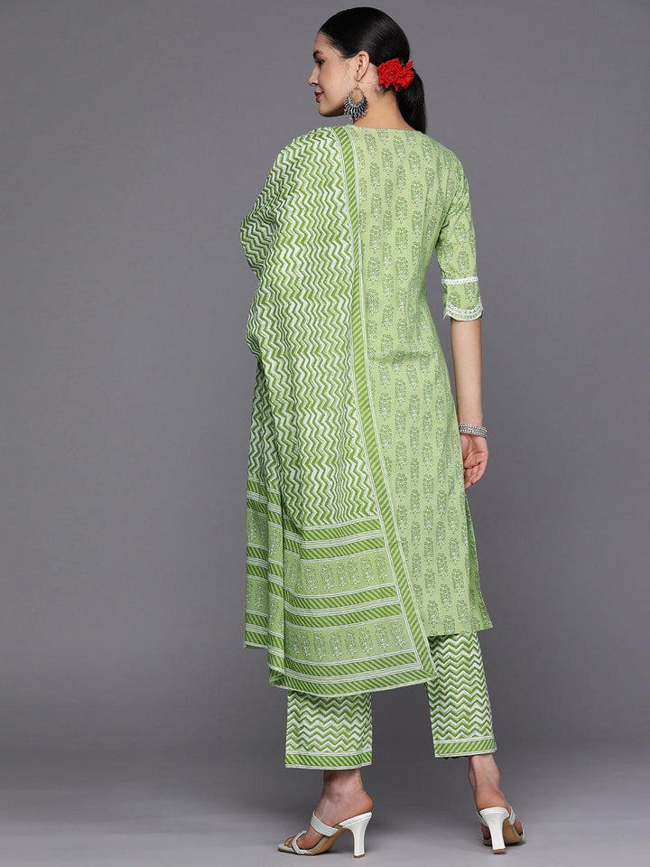 Green Embroidered Cotton Straight Suit Set With Trousers