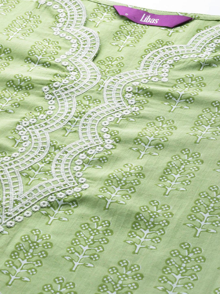 Green Embroidered Cotton Straight Suit Set With Trousers