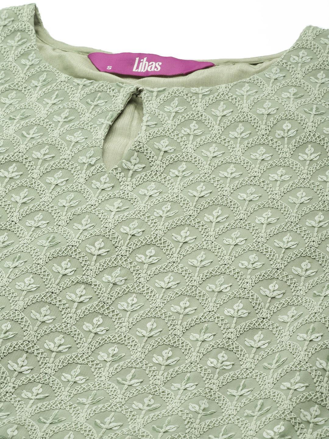 Green Embroidered Georgette Dress - ShopLibas