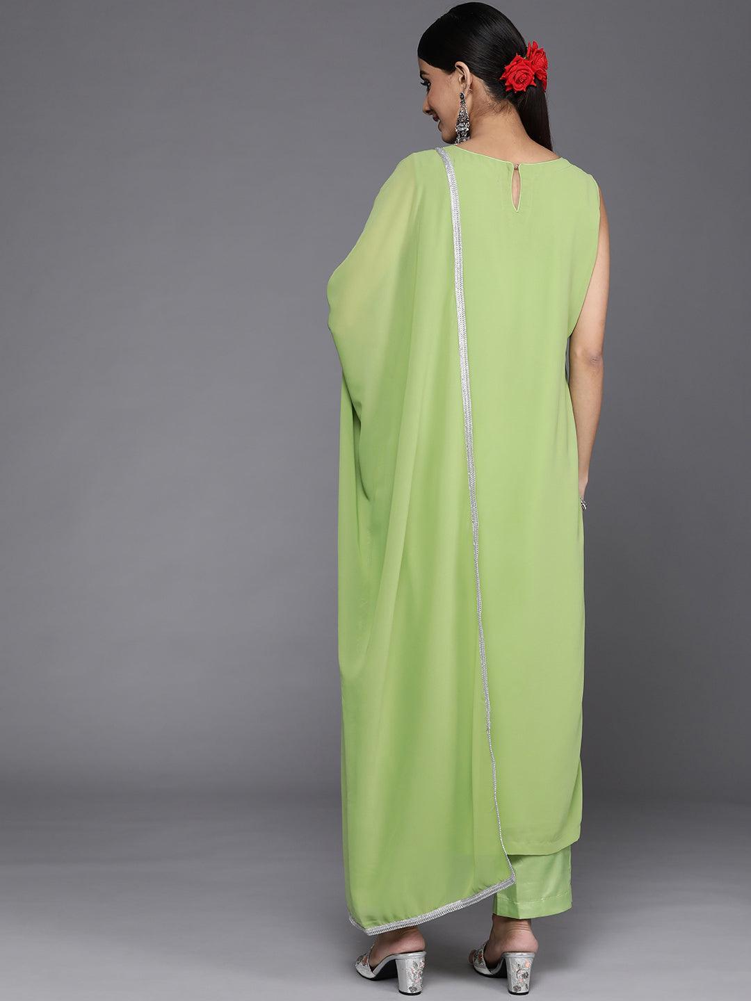 Green Embroidered Georgette Straight Suit Set With Trousers - Libas