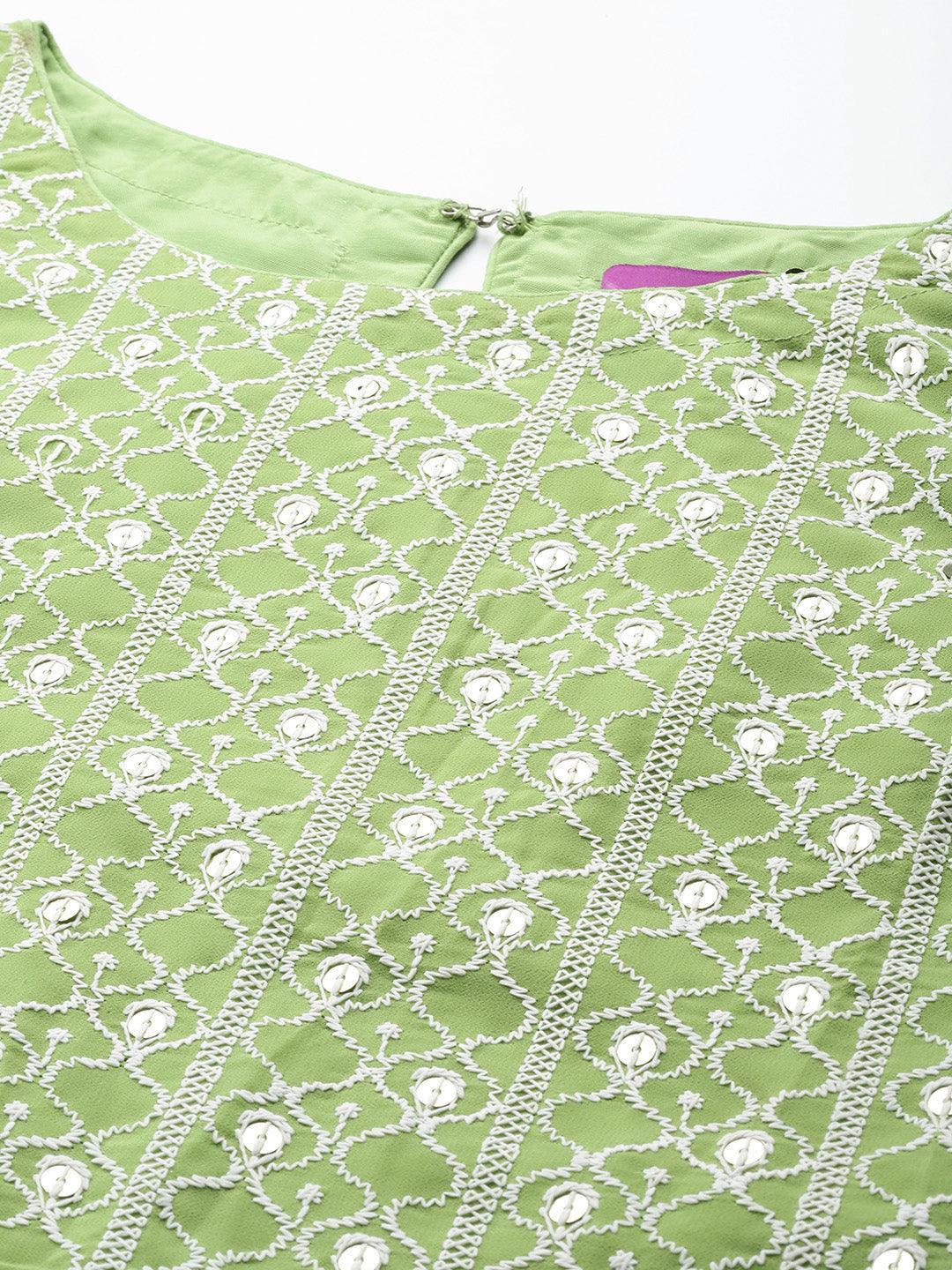 Green Embroidered Georgette Straight Suit Set With Trousers - Libas