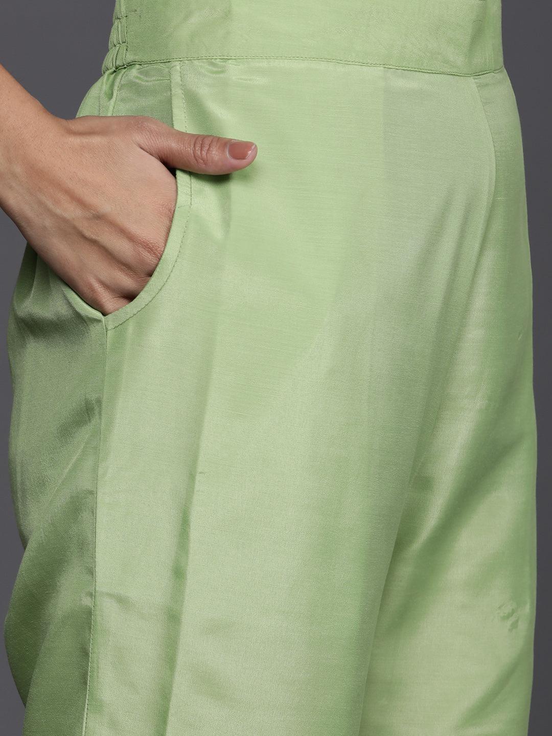 Green Embroidered Georgette Straight Suit Set With Trousers - Libas