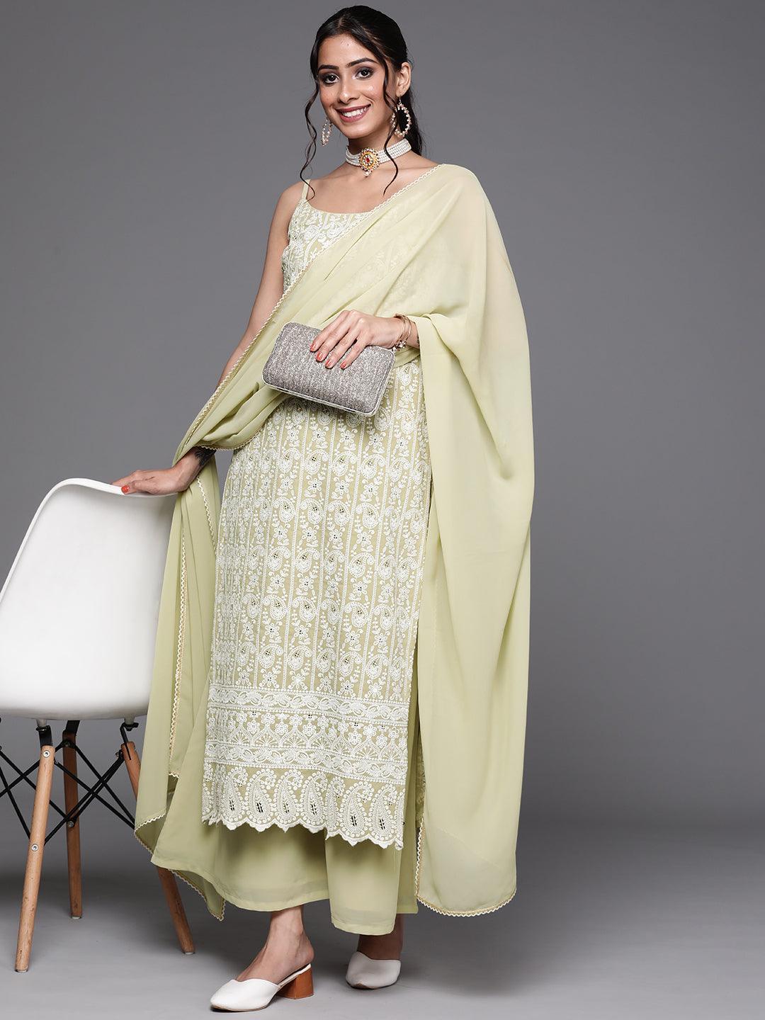 Green Embroidered Georgette Suit Set - ShopLibas