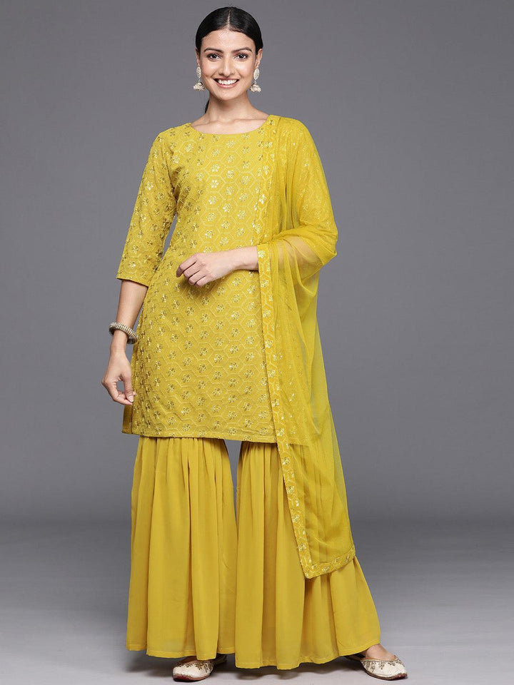 Green Embroidered Georgette Straight Kurta With Sharara & Dupatta