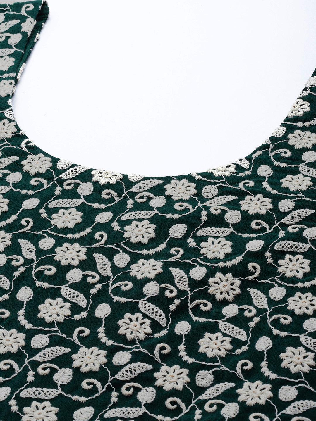 Green Embroidered Georgette Straight Suit Set With Skirt - Libas