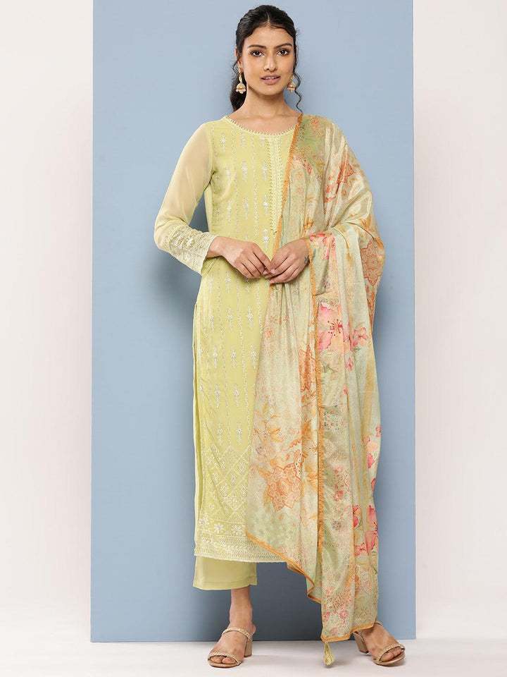 Green Embroidered Georgette Straight Kurta With Trousers & Dupatta