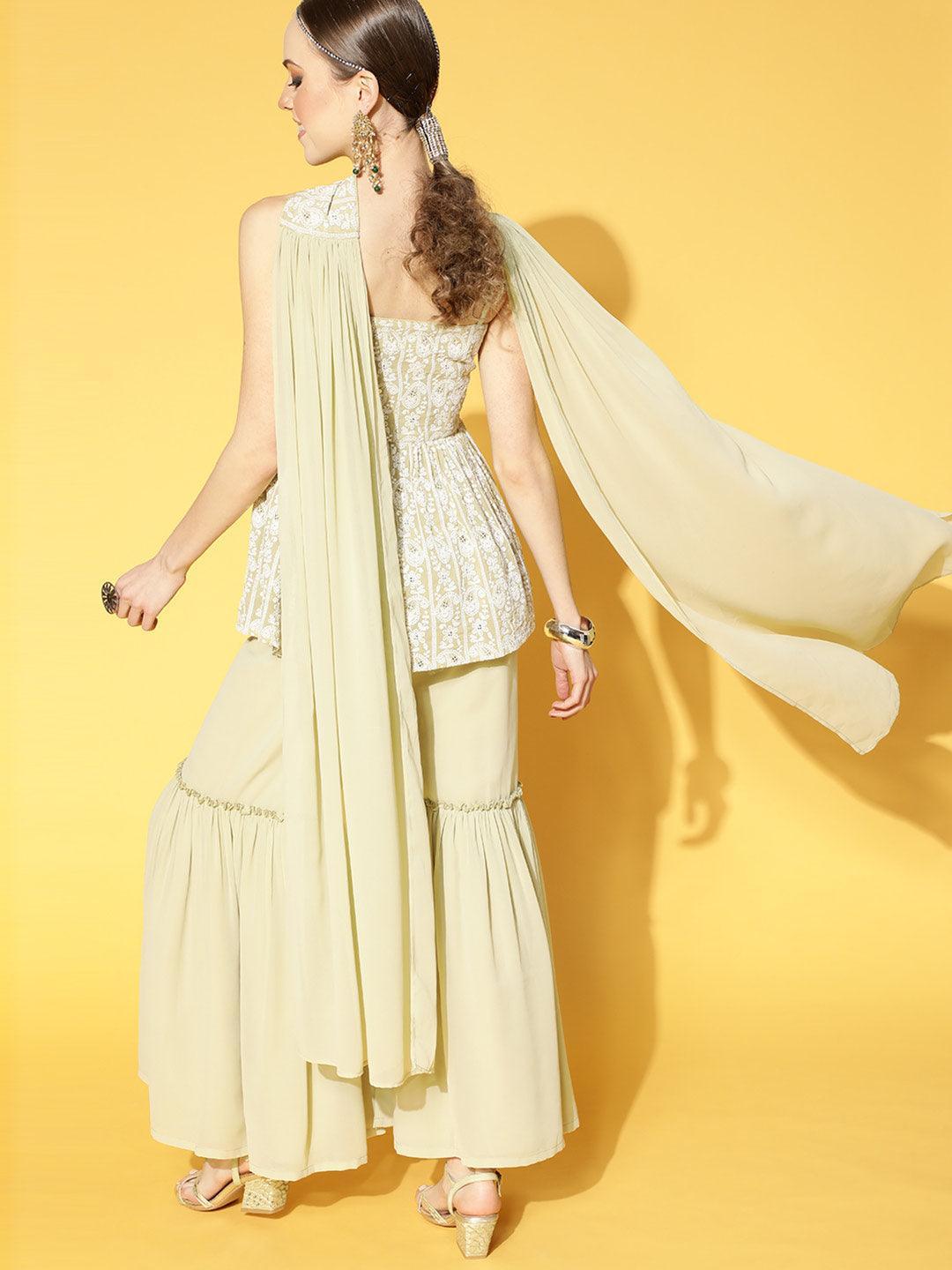 Green Embroidered Georgette Kurta Set - ShopLibas