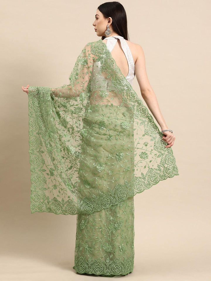 Green Embroidered Net Saree
