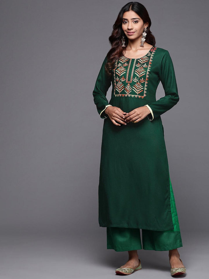 Green Embroidered Pashmina Wool Straight Kurta