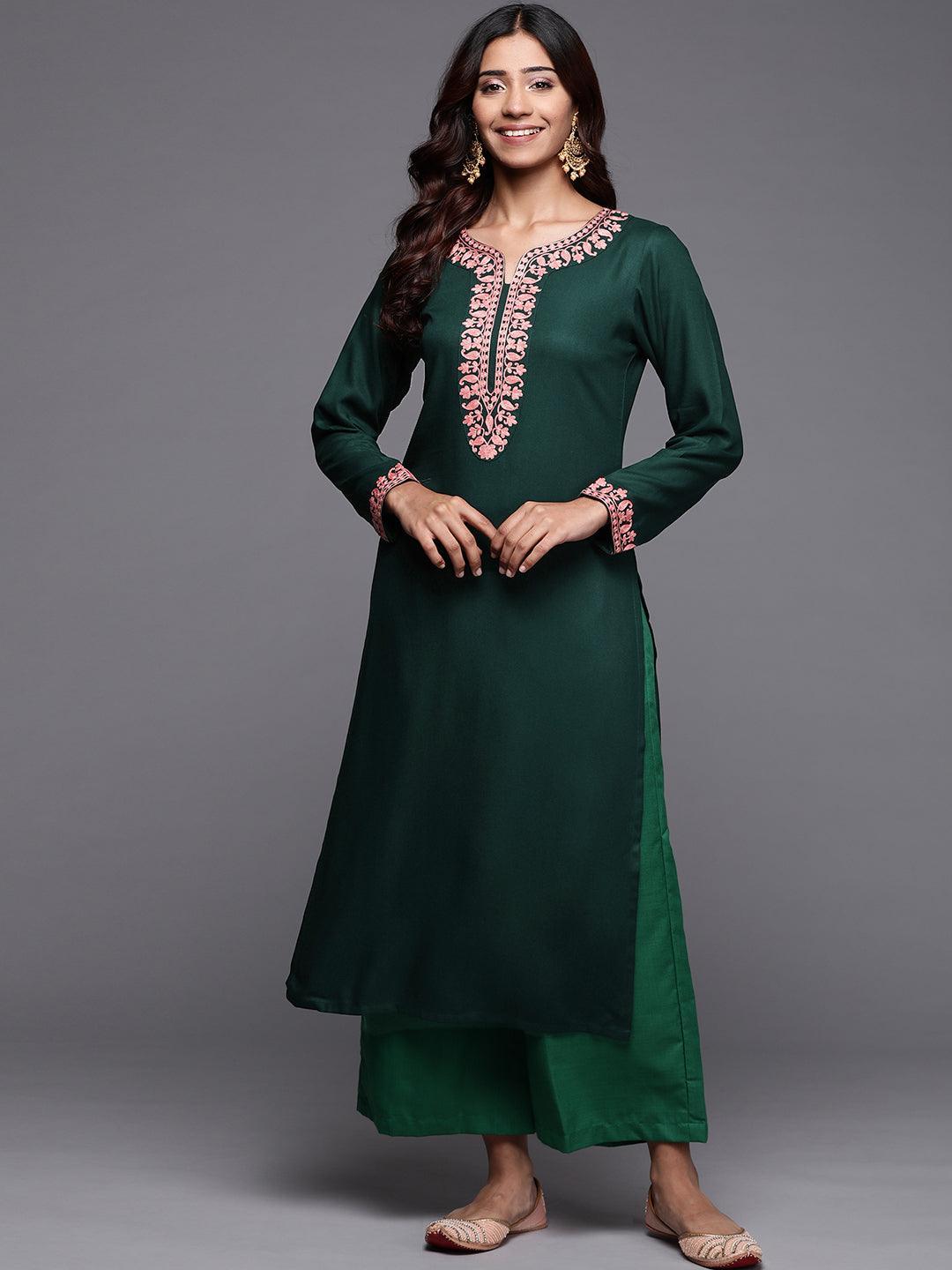 Green Embroidered Pashmina Wool Straight Kurta - Libas
