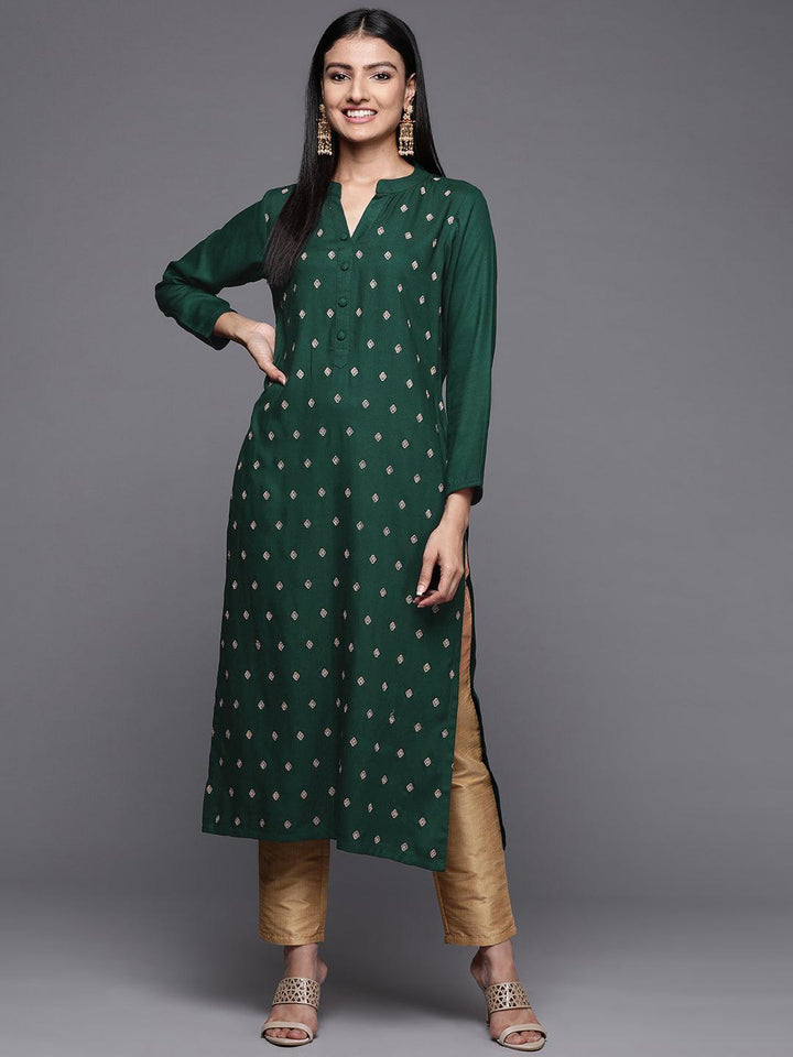 Green Embroidered Pashmina Wool Straight Kurta