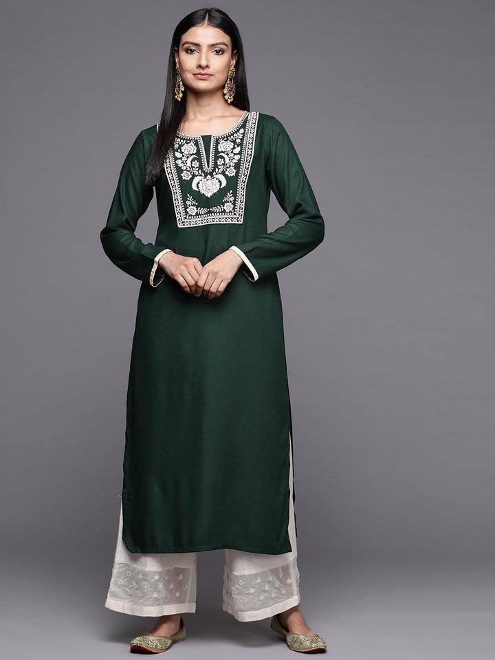 Green Embroidered Pashmina Wool Straight Kurta