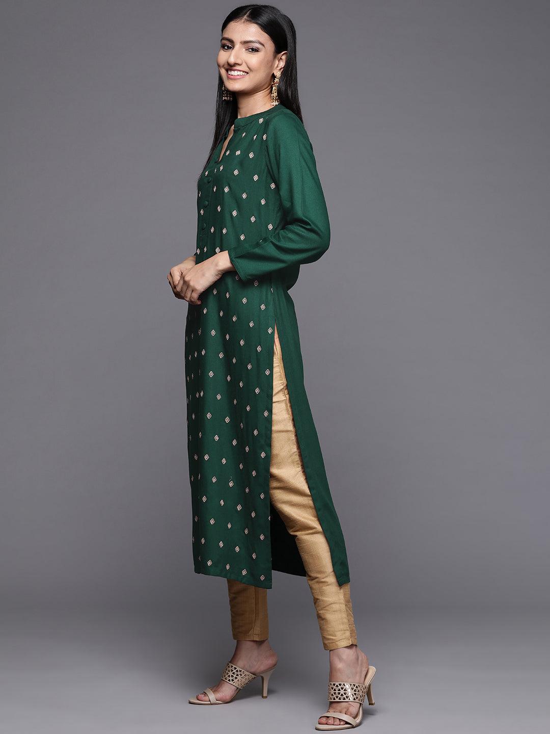 Green Embroidered Pashmina Wool Straight Kurta - Libas