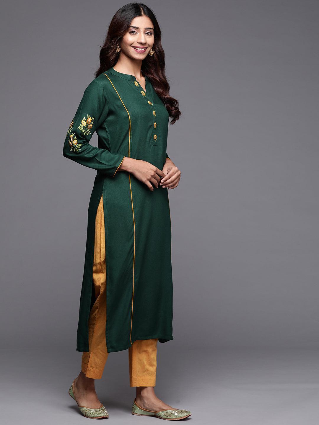 Green Embroidered Pashmina Wool Straight Kurta - Libas