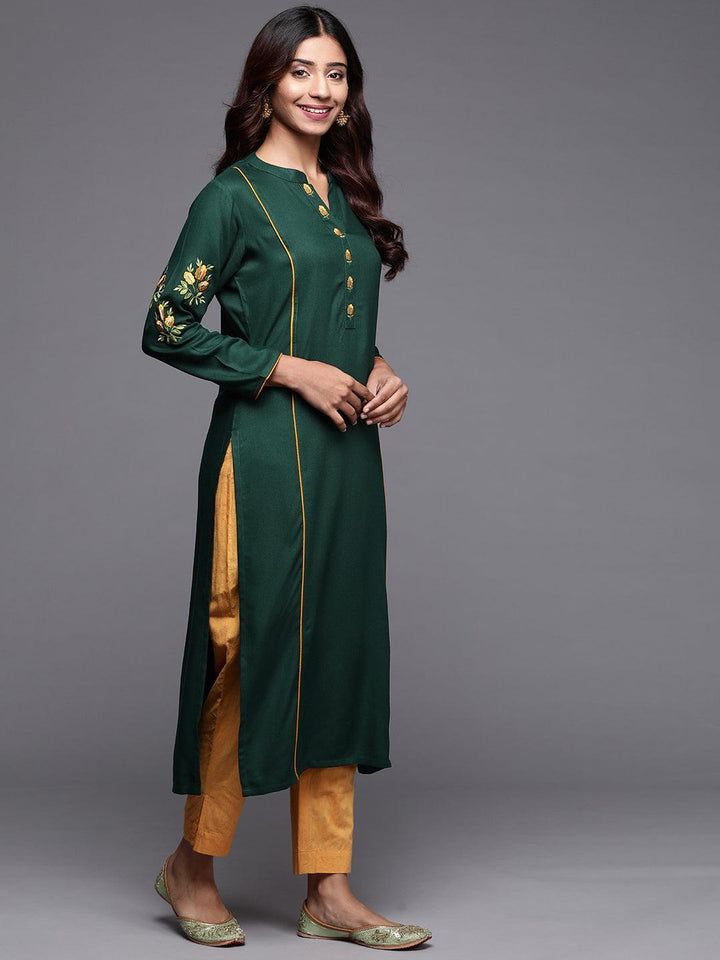 Green Embroidered Pashmina Wool Straight Kurta