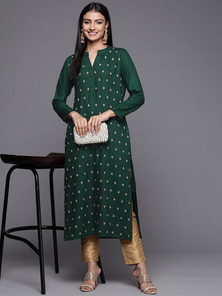 Green Embroidered Pashmina Wool Straight Kurta