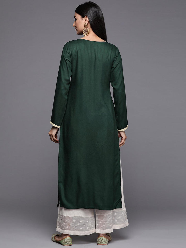 Green Embroidered Pashmina Wool Straight Kurta