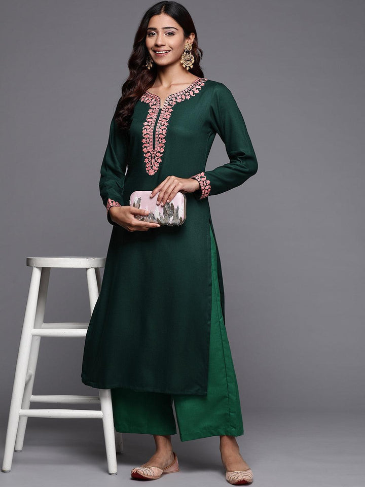 Green Embroidered Pashmina Wool Straight Kurta