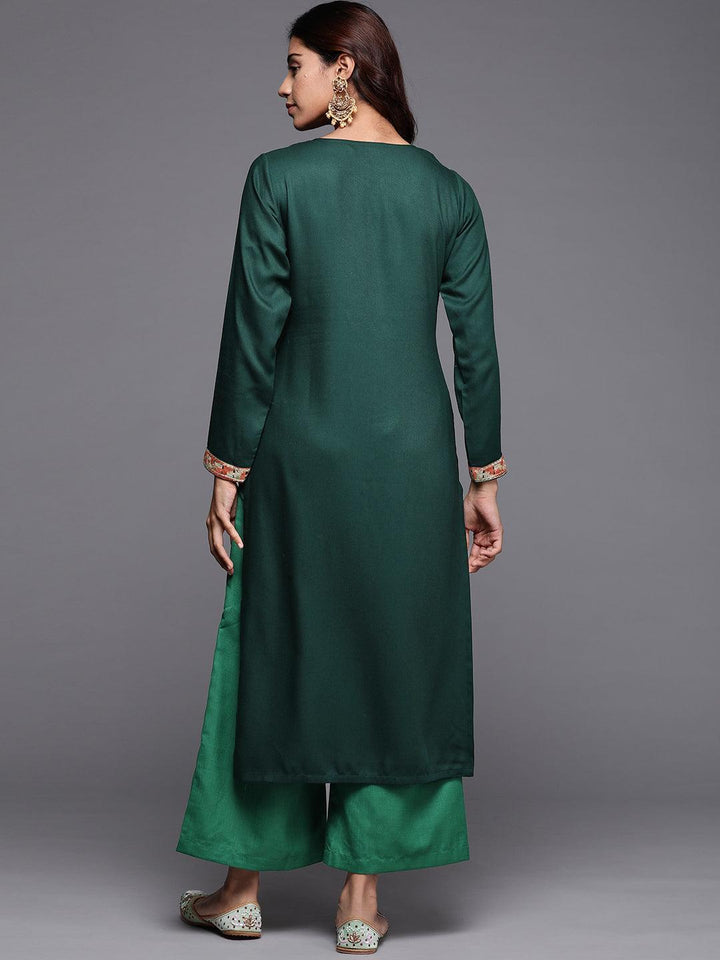Green Embroidered Pashmina Wool Straight Kurta
