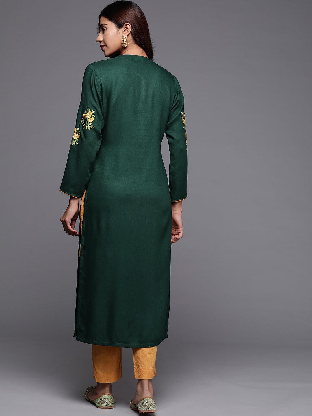 Green Embroidered Pashmina Wool Straight Kurta - Libas