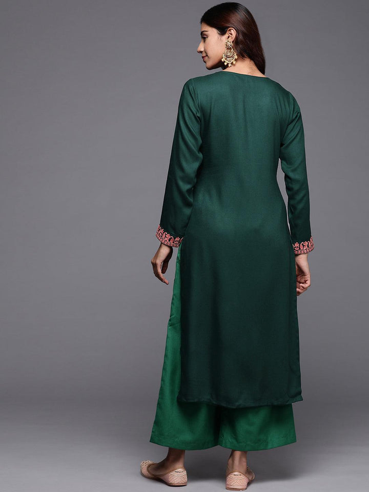 Green Embroidered Pashmina Wool Straight Kurta