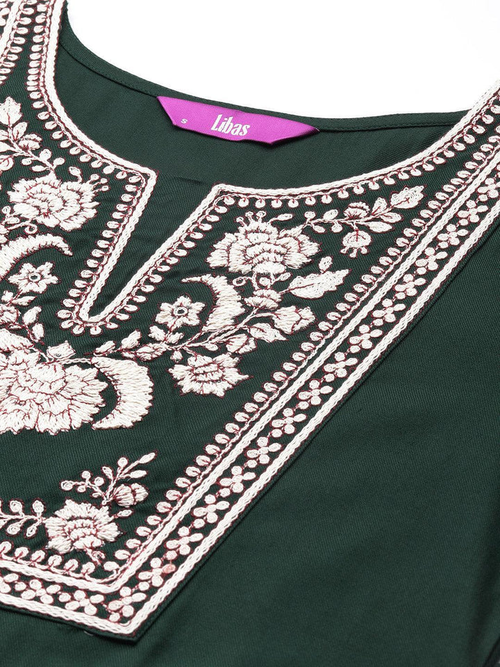 Green Embroidered Pashmina Wool Straight Kurta