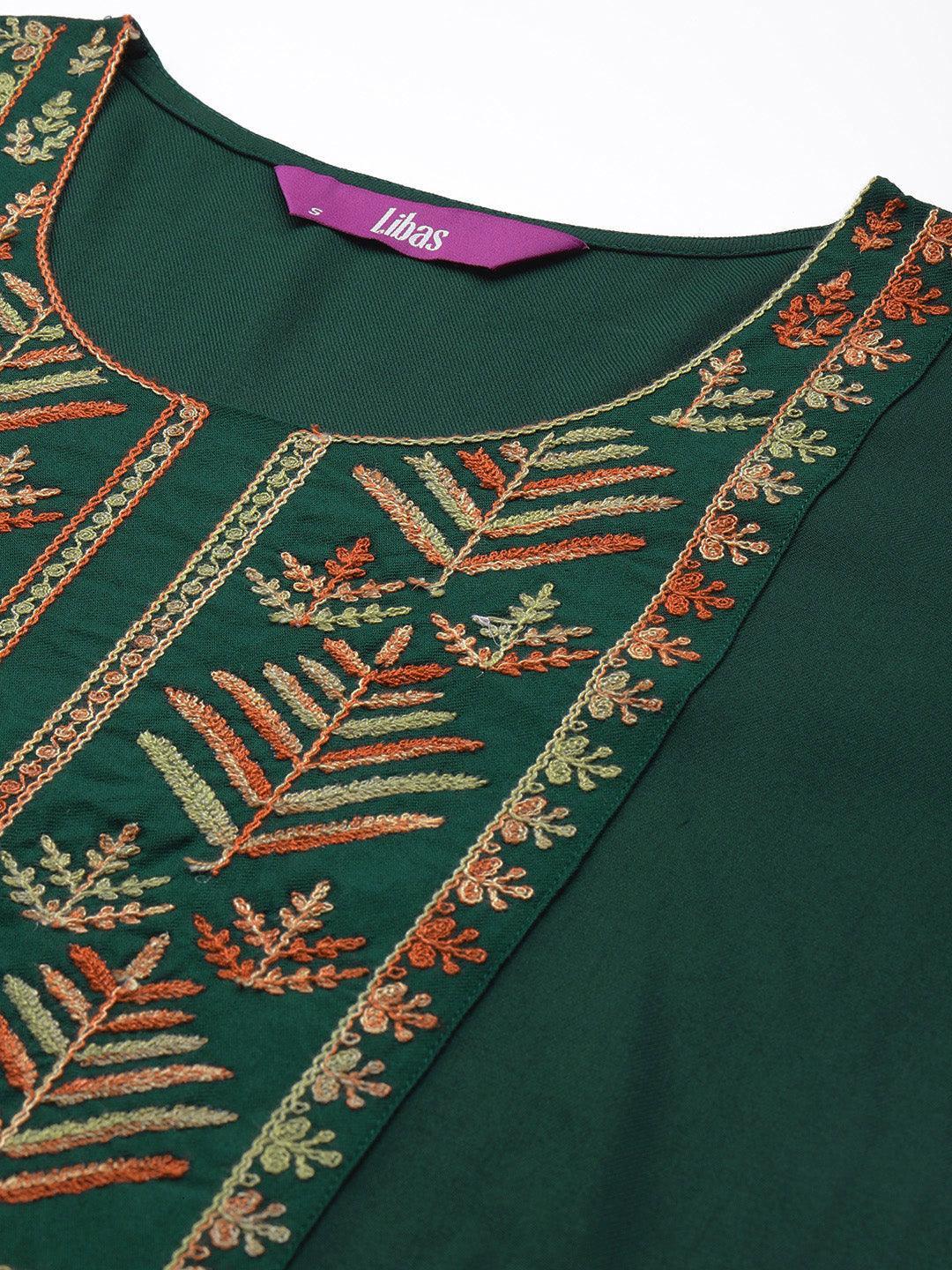 Green Embroidered Pashmina Wool Straight Kurta - Libas