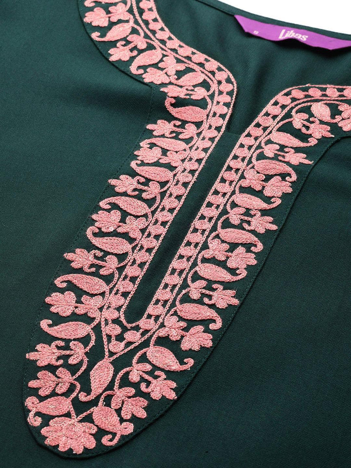 Green Embroidered Pashmina Wool Straight Kurta
