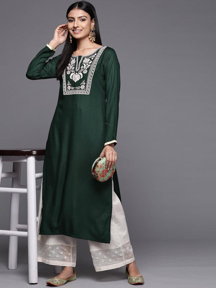 Green Embroidered Pashmina Wool Straight Kurta