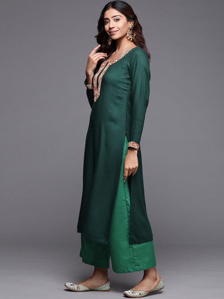Green Embroidered Pashmina Wool Straight Kurta