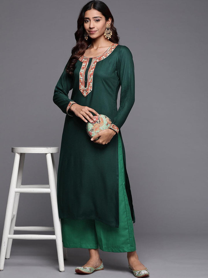 Green Embroidered Pashmina Wool Straight Kurta