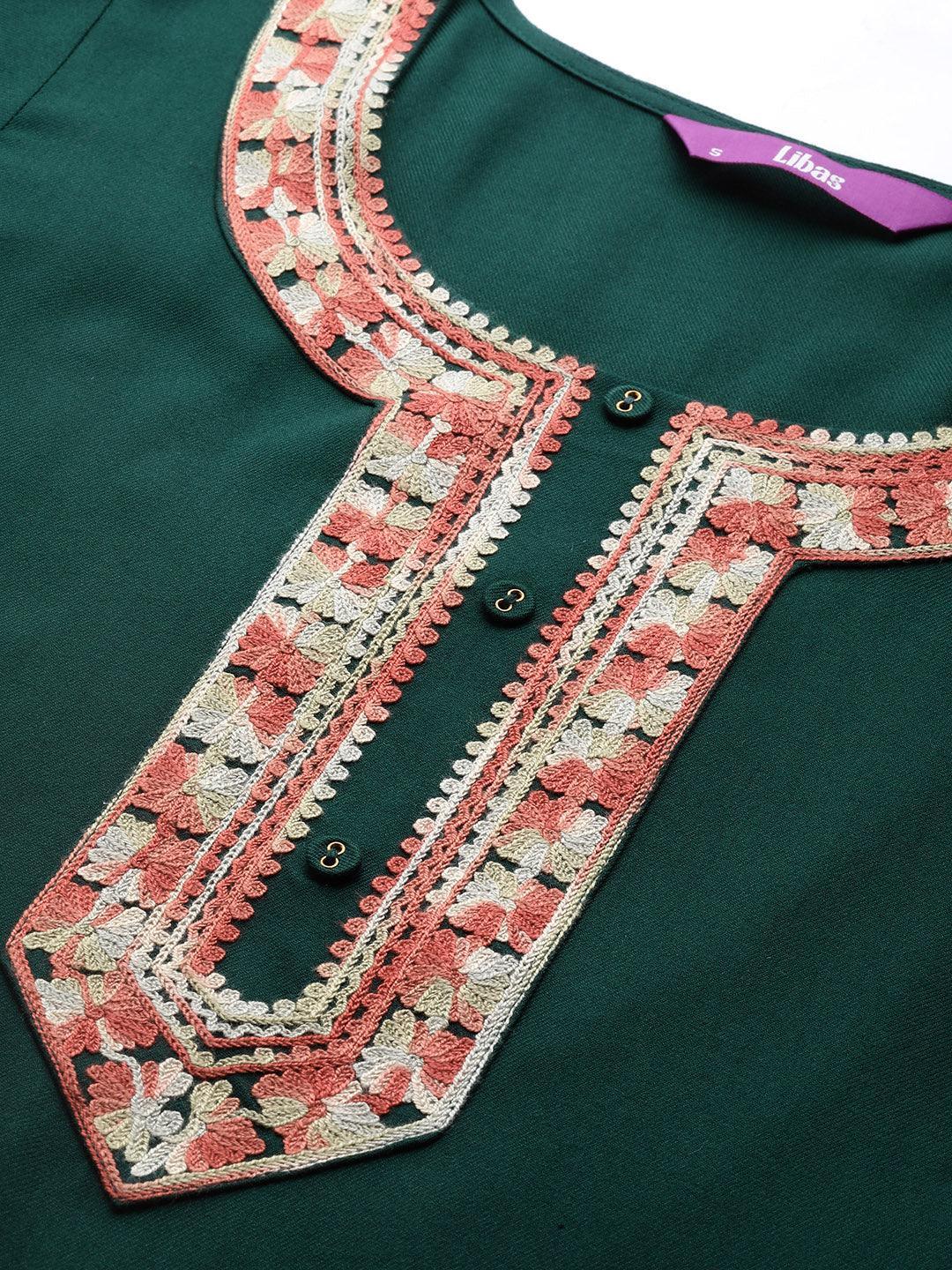 Green Embroidered Pashmina Wool Straight Kurta - Libas