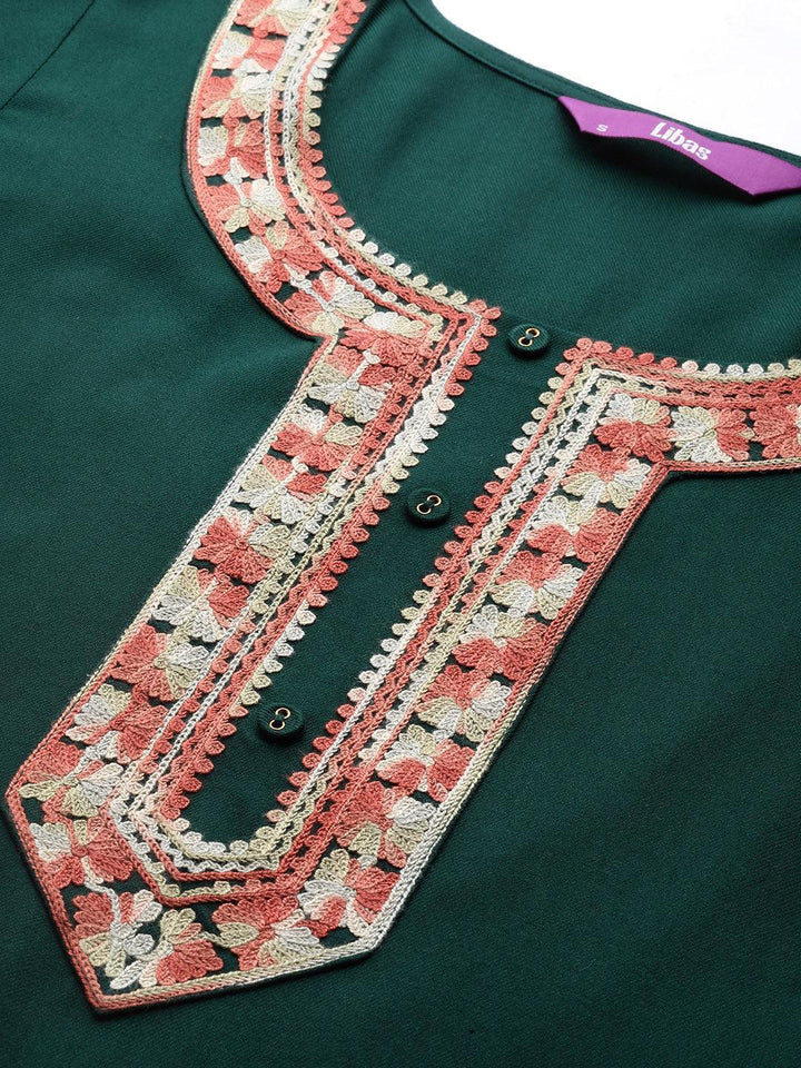 Green Embroidered Pashmina Wool Straight Kurta