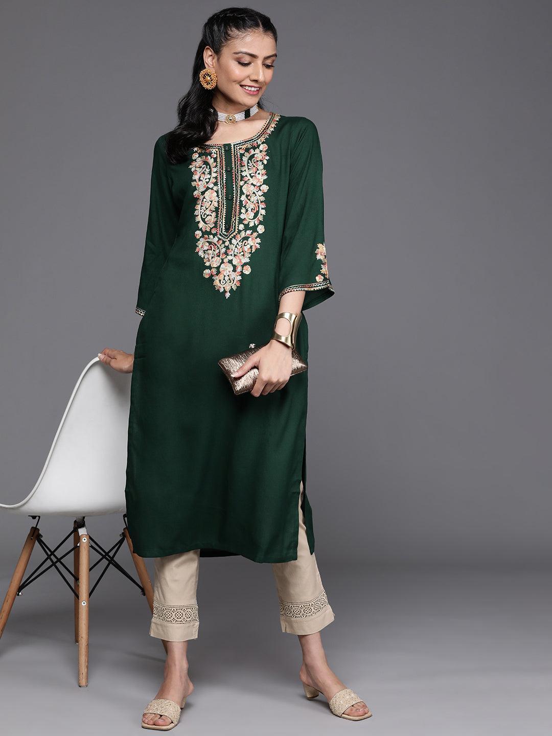 Green Embroidered Rayon Kurta - ShopLibas