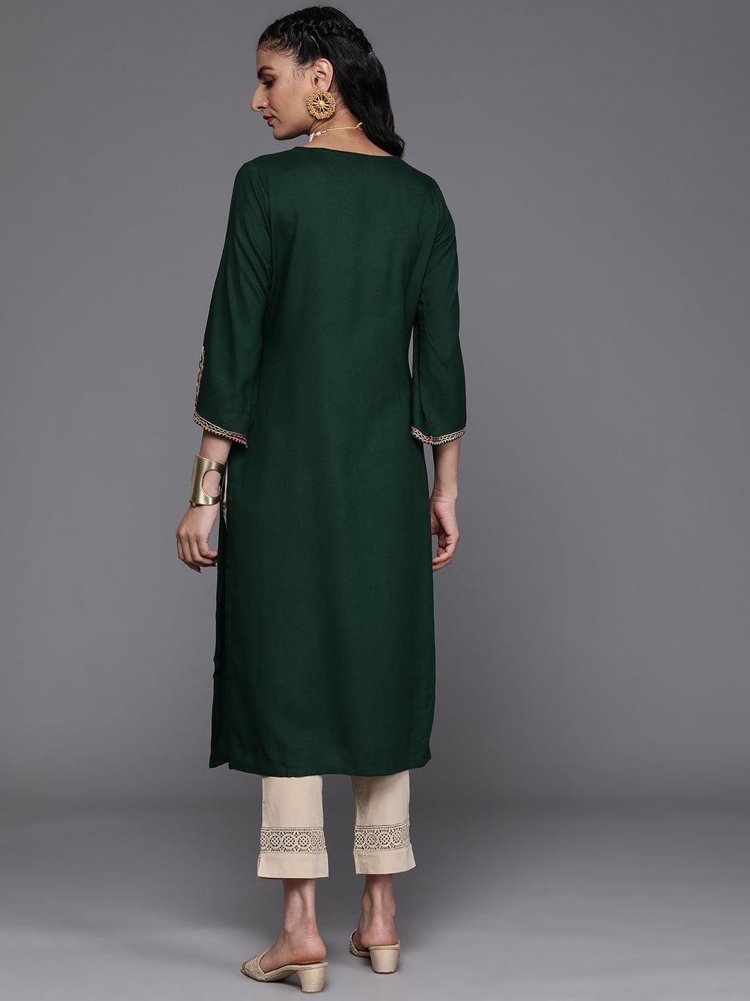 Green Embroidered Rayon Kurta - ShopLibas