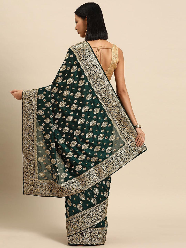 Green Embroidered Silk Blend Saree