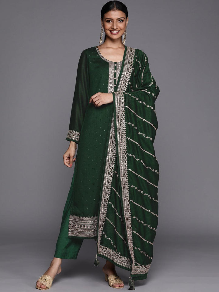 Green Embroidered Silk Blend Straight Suit Set