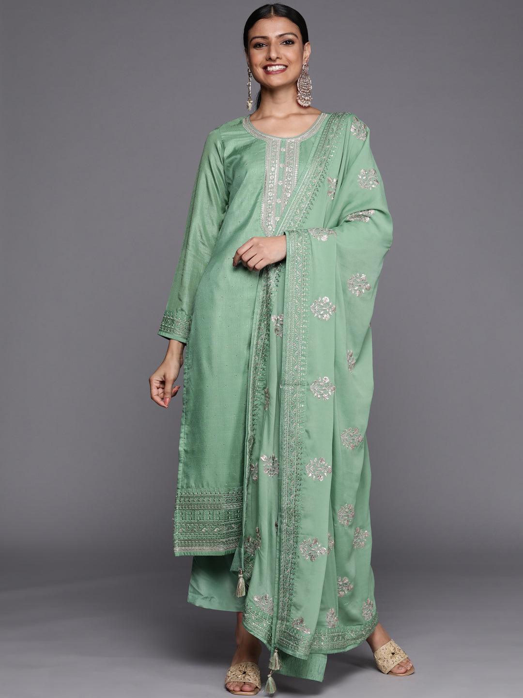 Green Embroidered Silk Blend Straight Suit Set - ShopLibas