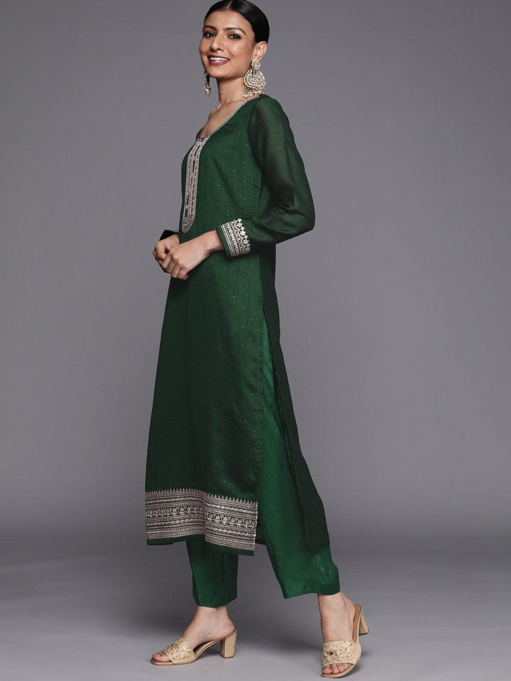 Green Embroidered Silk Blend Straight Suit Set