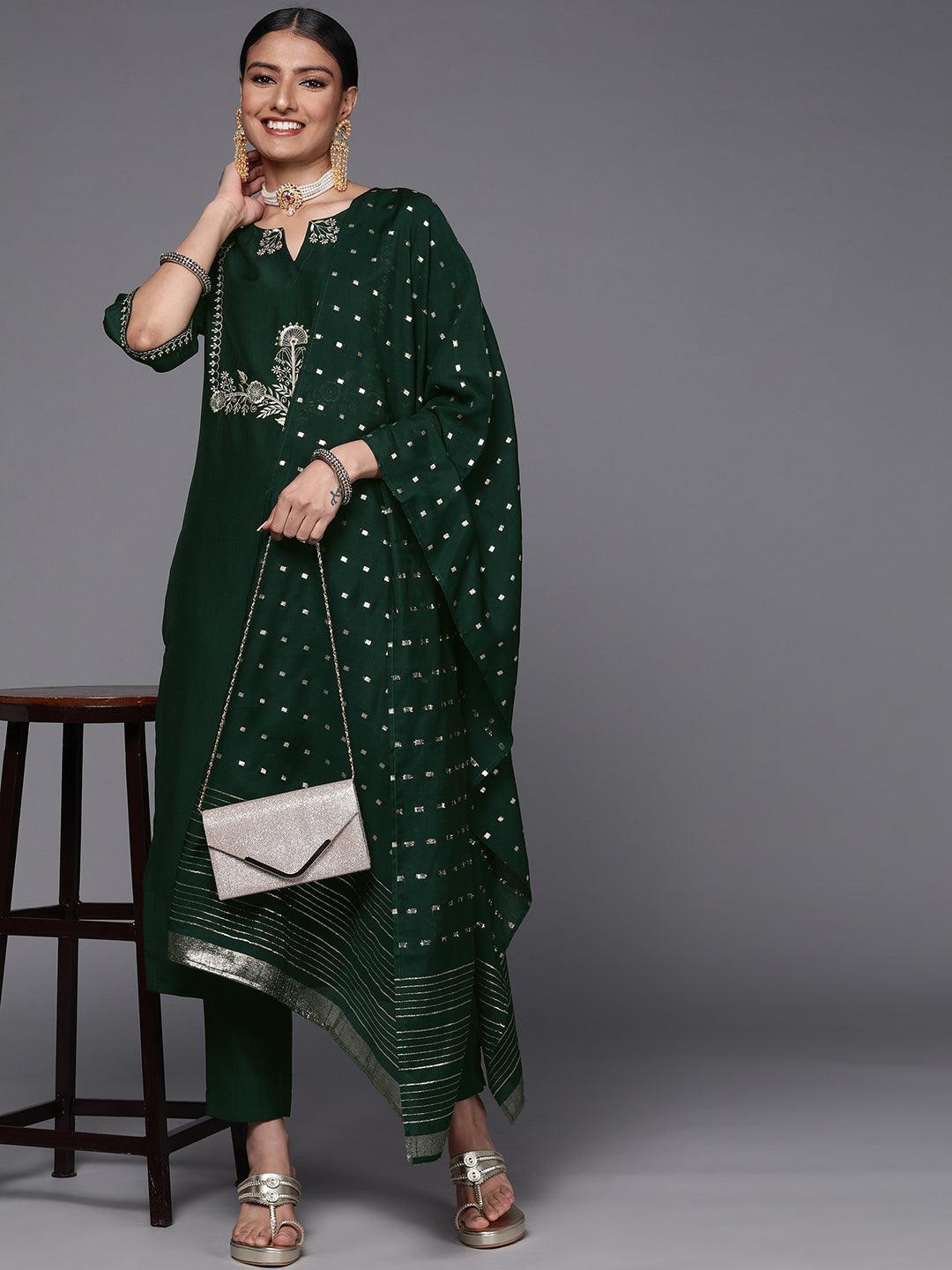Green Embroidered Silk Blend Straight Suit Set - ShopLibas