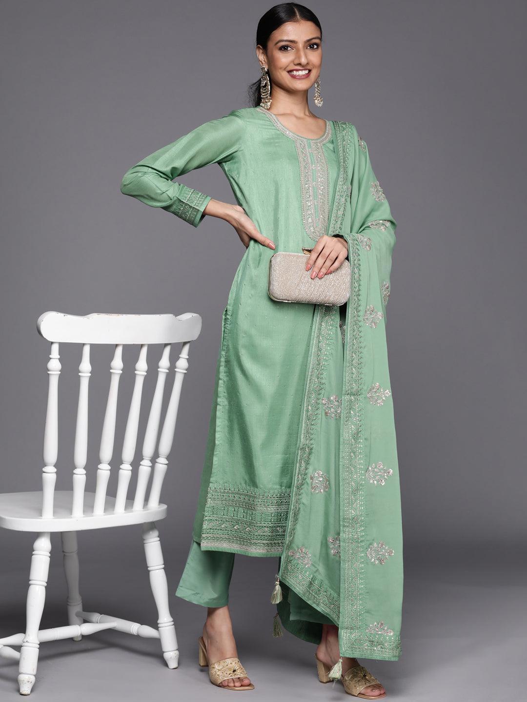 Green Embroidered Silk Blend Straight Suit Set - ShopLibas