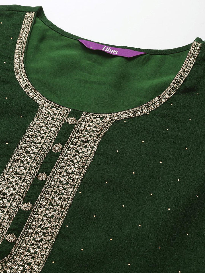 Green Embroidered Silk Blend Straight Suit Set