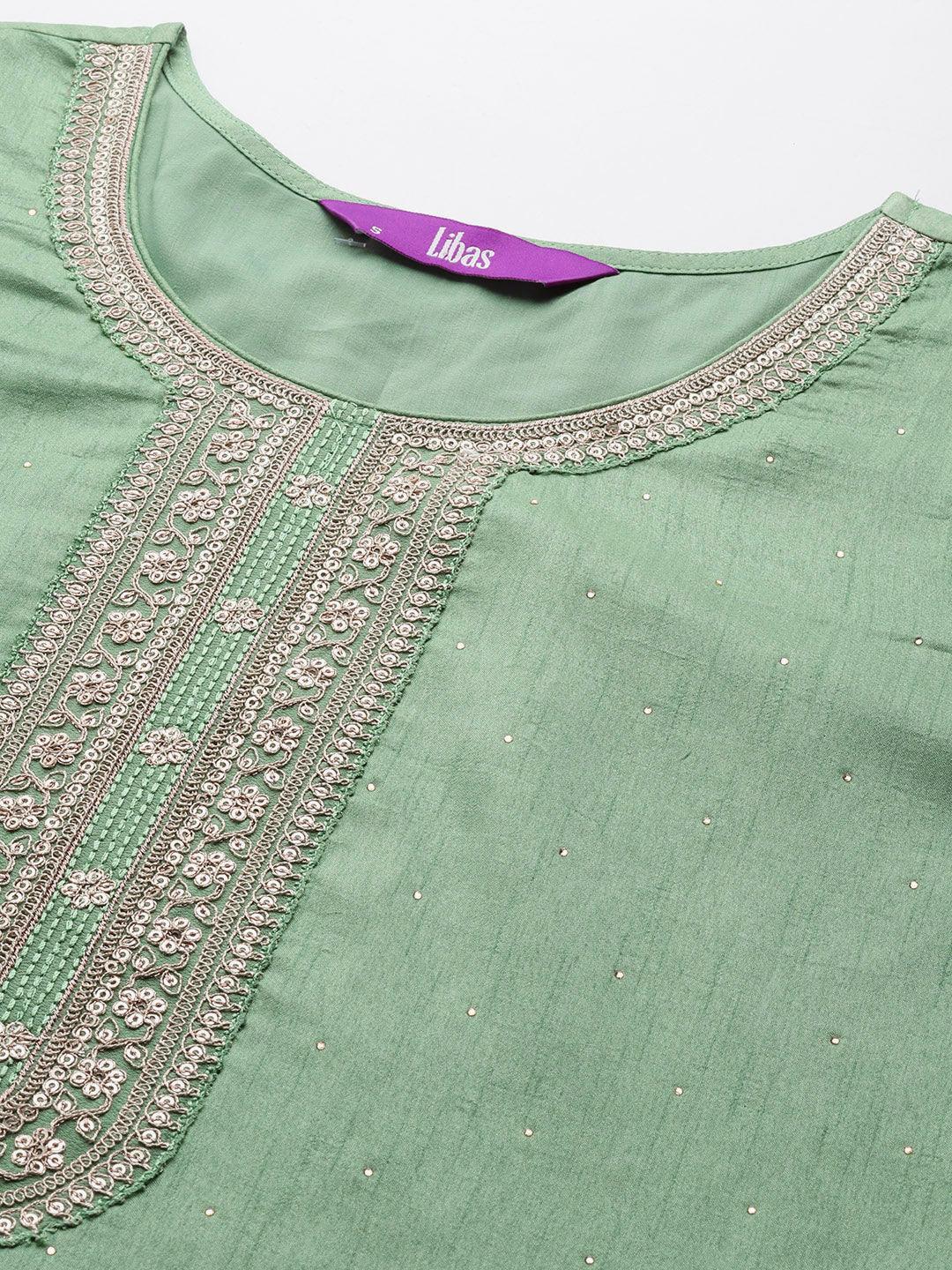 Green Embroidered Silk Blend Straight Suit Set - ShopLibas