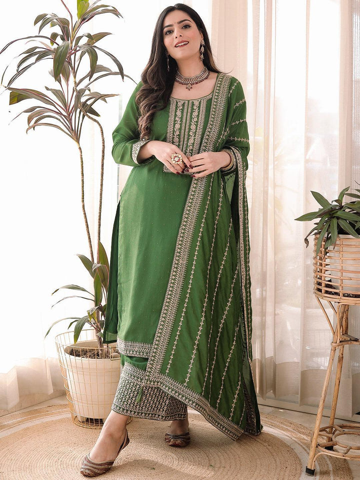 Green Embroidered Silk Blend Straight Suit Set