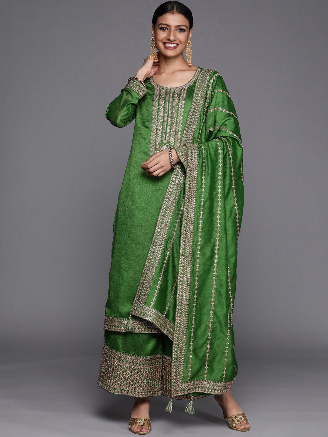 Green Embroidered Silk Blend Straight Suit Set - ShopLibas