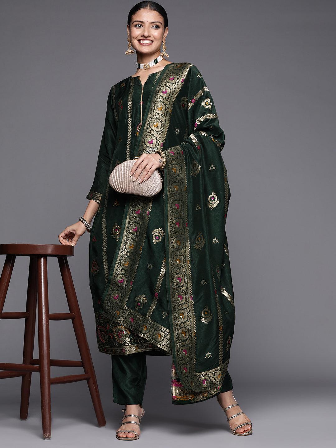 Green Embroidered Silk Blend Straight Suit Set - ShopLibas