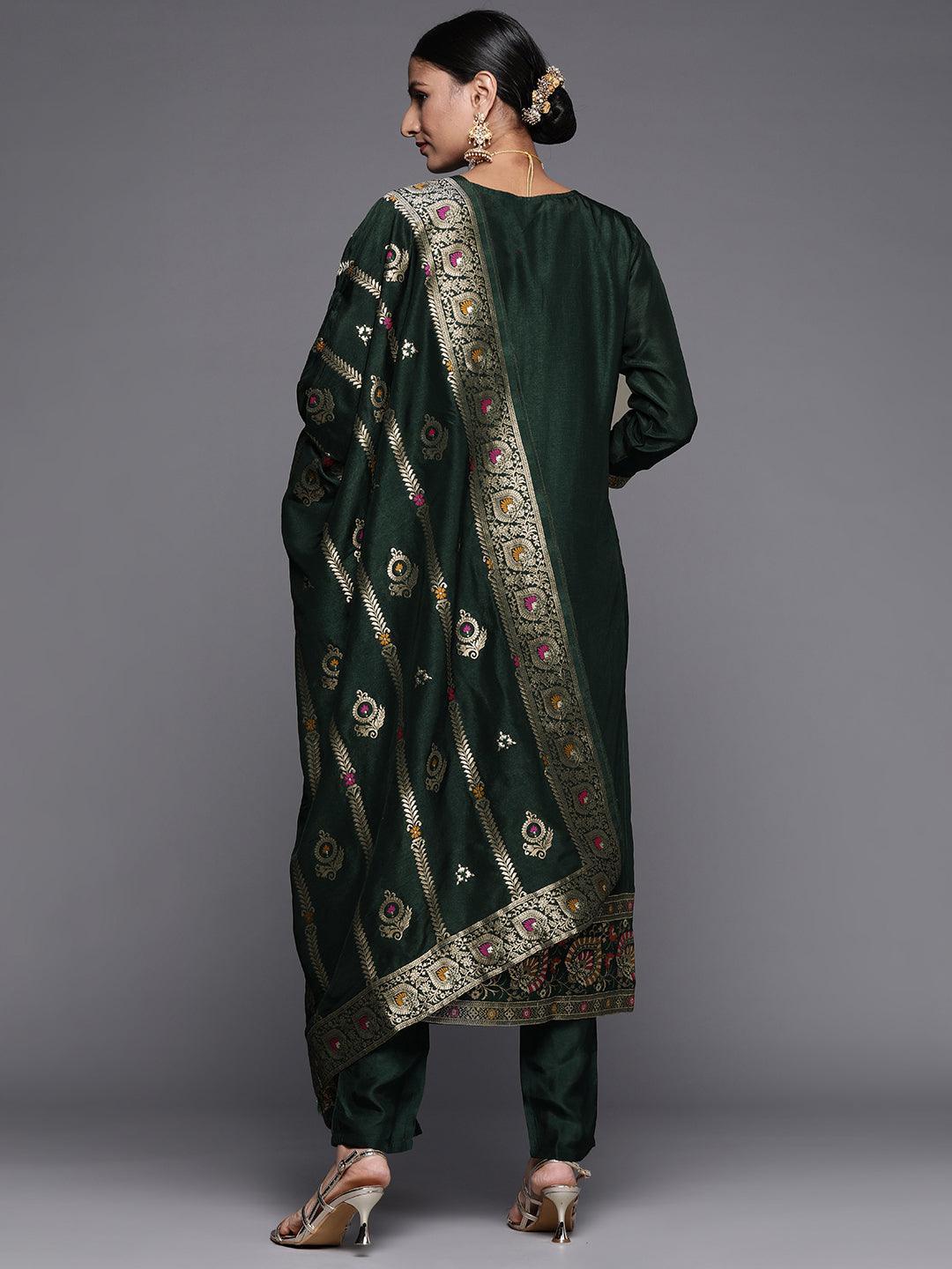 Green Embroidered Silk Blend Straight Suit Set - ShopLibas