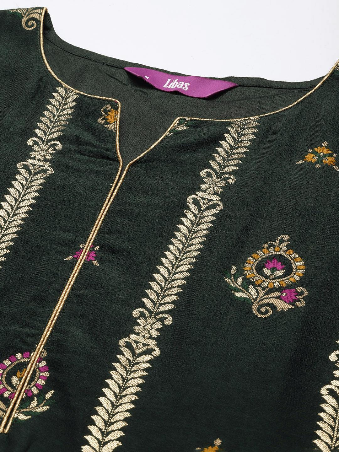 Green Embroidered Silk Blend Straight Suit Set - ShopLibas